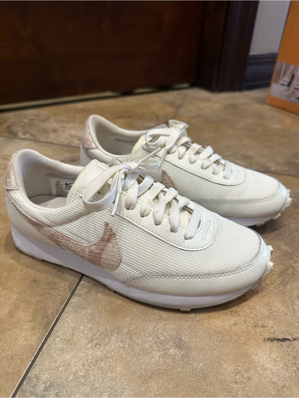 Nike Women’s White Sneakers with Pale Pink Snakeskin Swoosh